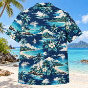 Back view of Shoreline Arrival Cruise Travel Hawaiian Shirt with matching artwork in navy, turquoise, ivory