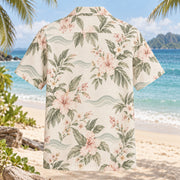 Back view of Shoreline Floral Beach Wedding Hawaiian Shirt with matching artwork in ivory, sage, blush