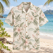Front view of Shoreline Floral Beach Wedding Hawaiian Shirt with original, text-free illustrations of delicate floral sprays and minimal wave curves