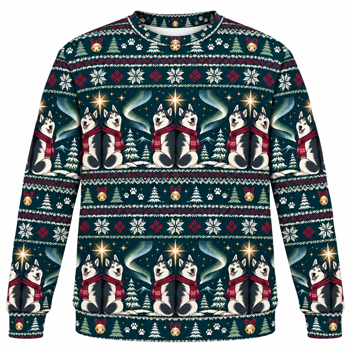 Siberian Husky Aurora Carol Ugly Sweater front