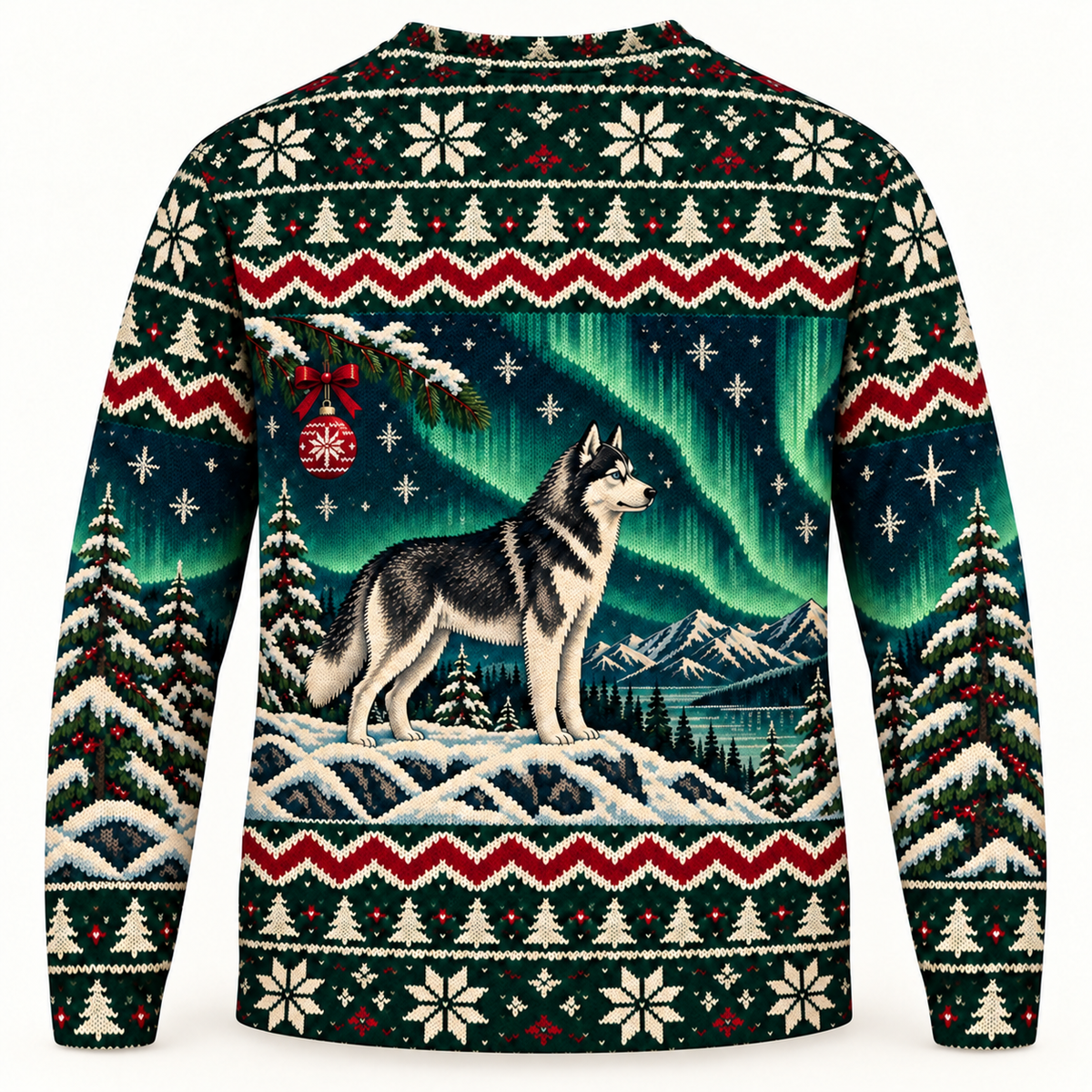Siberian Husky Aurora Ridge Ugly Sweater back