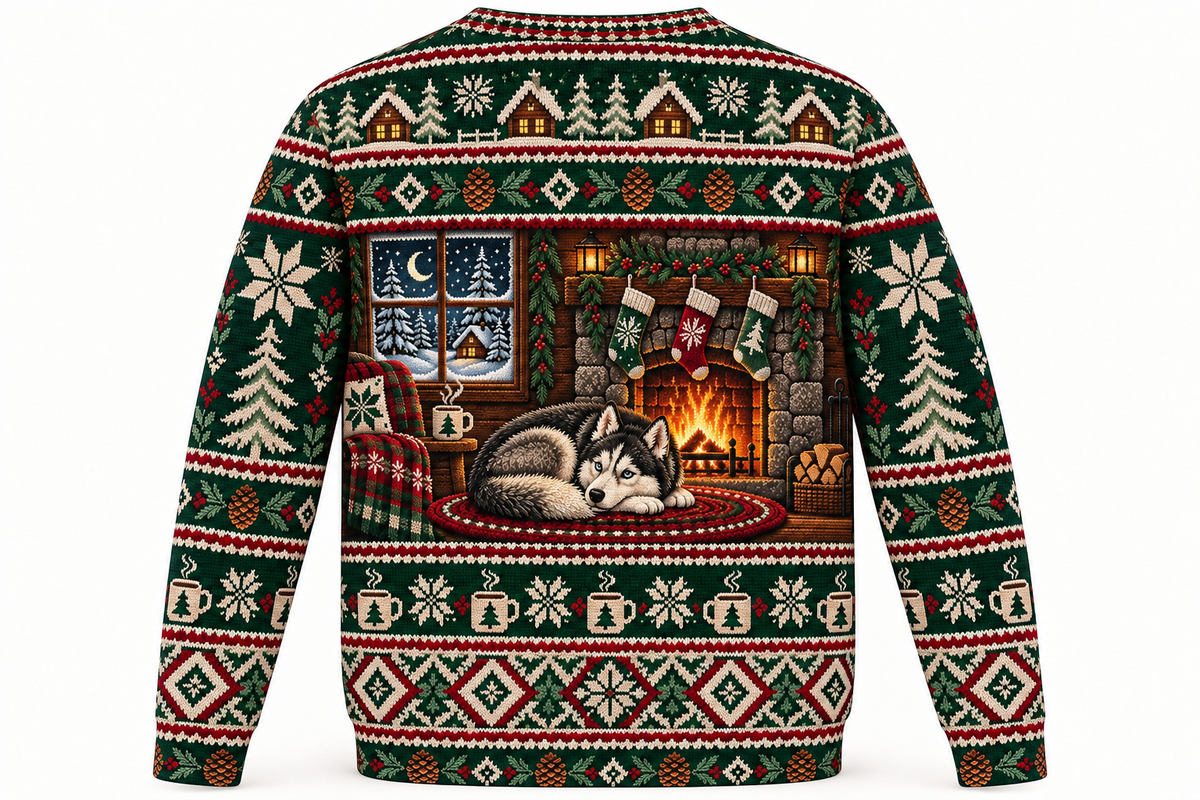 Siberian Husky Cozy Cabin Ugly Sweater back