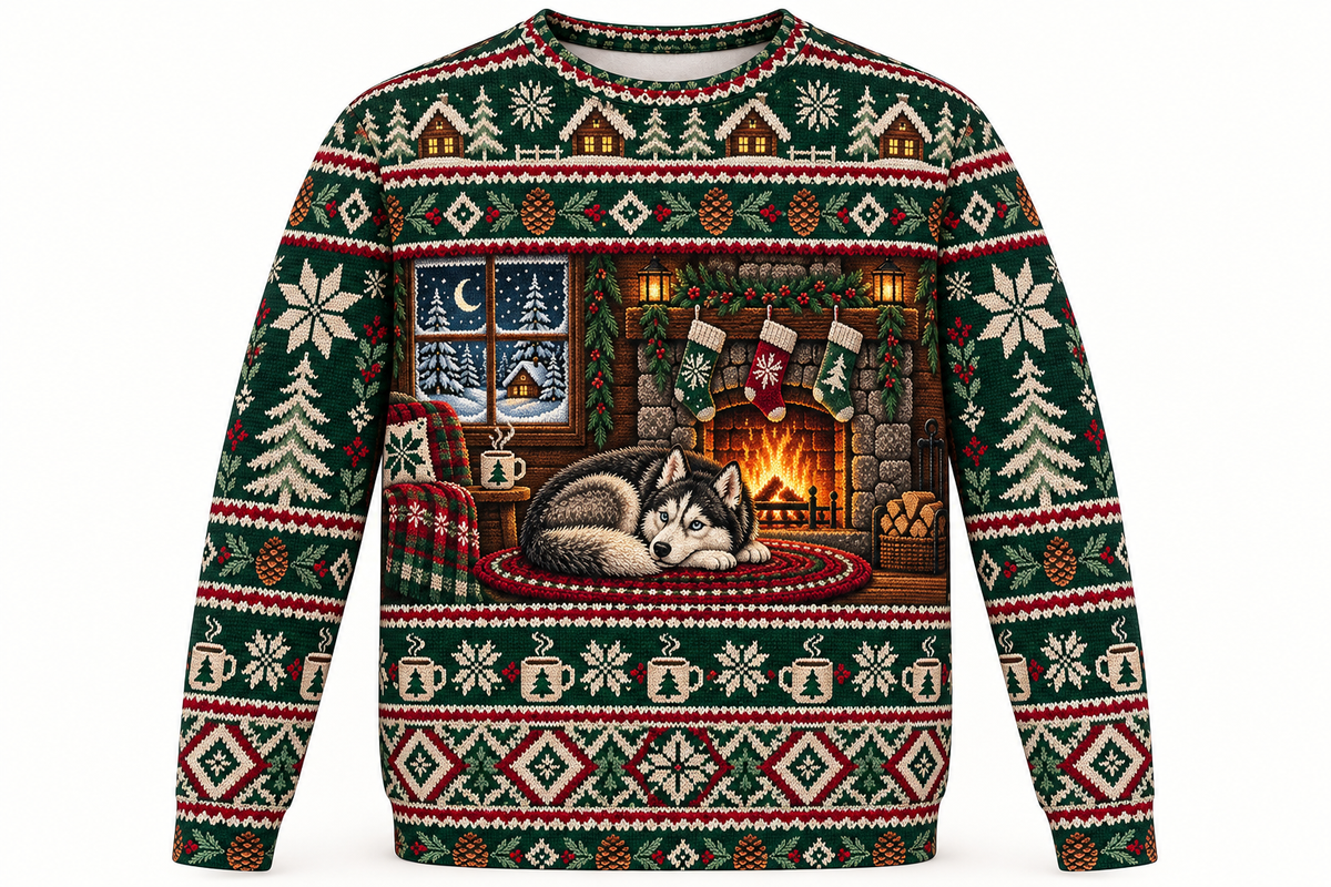 Siberian Husky Cozy Cabin Ugly Sweater front
