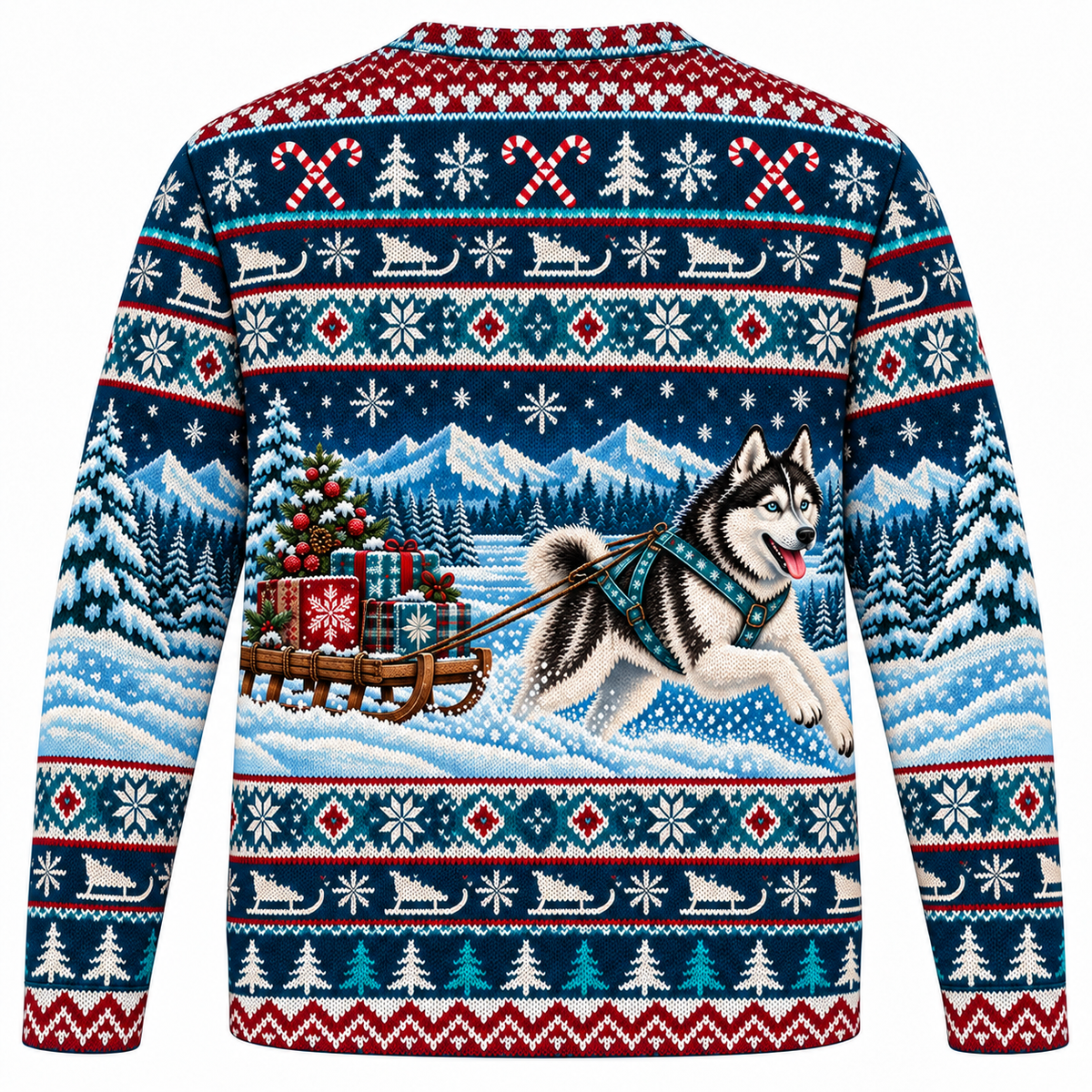 Siberian Husky Gift Sled Ugly Sweater back