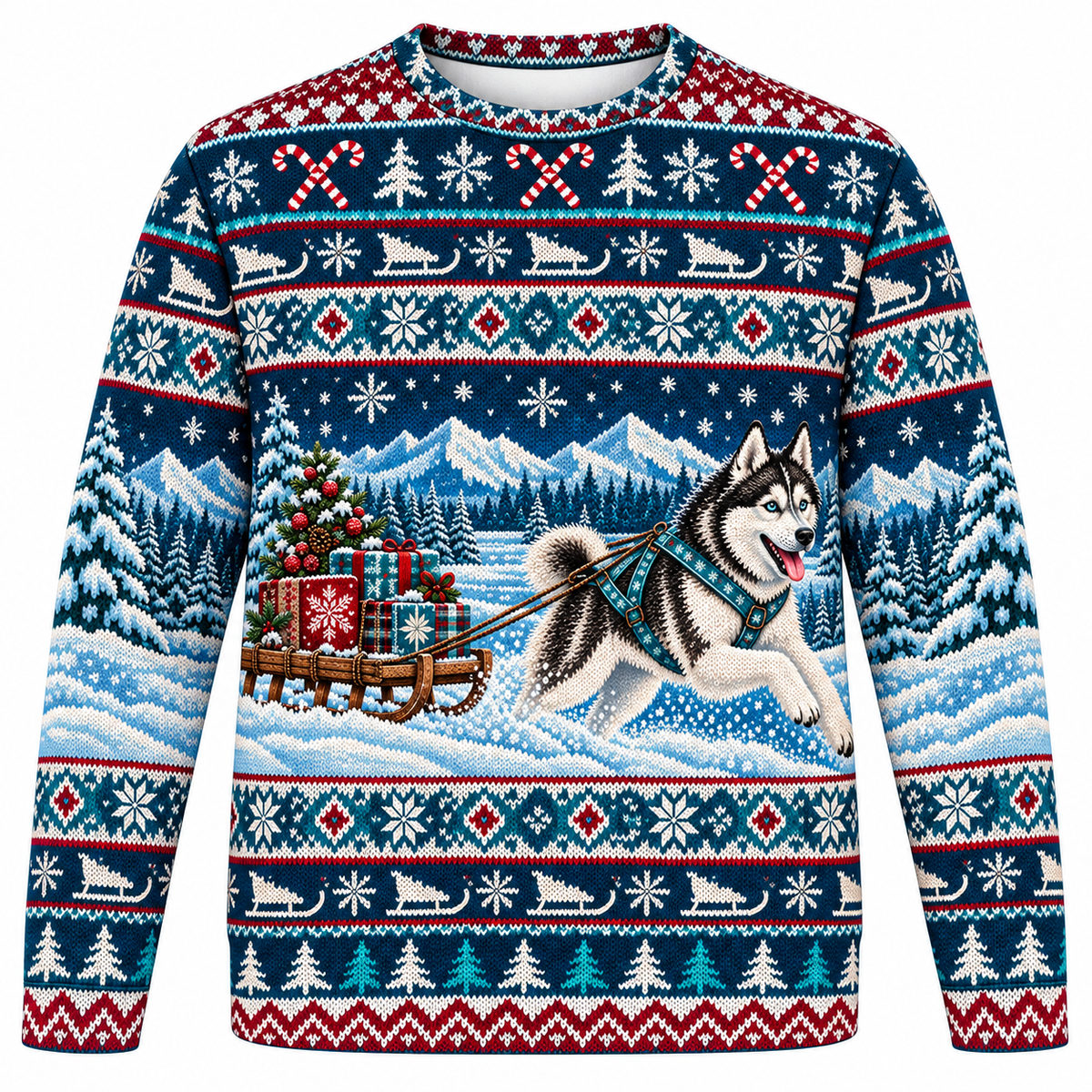 Siberian Husky Gift Sled Ugly Sweater front