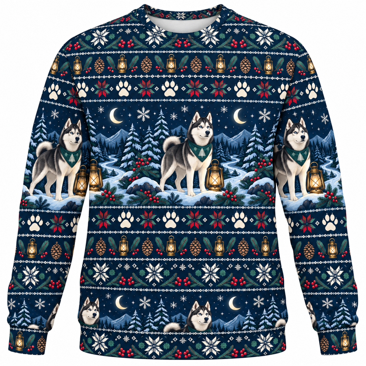 Siberian Husky Lantern Trail Ugly Sweater front