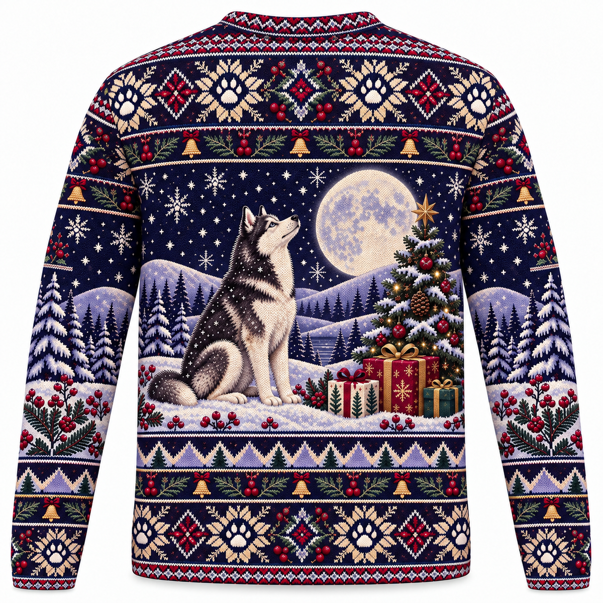 Siberian Husky Moonlit Gifts Ugly Sweater back