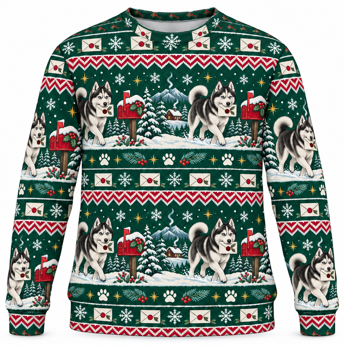 Siberian Husky Winter Post Ugly Sweater front