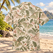 Back view of Silk Moth Botanical Butterfly and Moth Hawaiian Shirt with matching artwork in cream, blush, sage