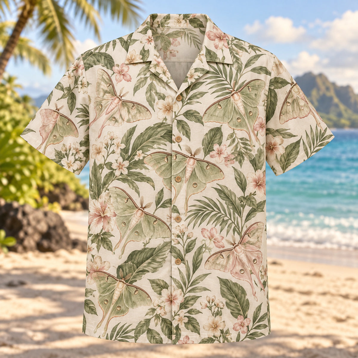 Front view of Silk Moth Botanical Butterfly and Moth Hawaiian Shirt with silk moths among botanical leaves