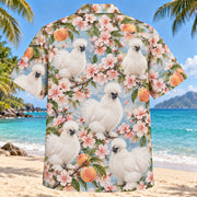 Back view of Silkie Orchard Chicken Hawaiian Shirt with matching artwork in white, peach, sage