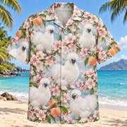 Front view of Silkie Orchard Chicken Hawaiian Shirt with fluffy white Silkie chickens among peach orchard blossoms
