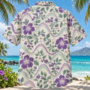 Back view of Sine Wave Floral Mathematics Hawaiian Shirt with matching artwork in purple, mint, cream