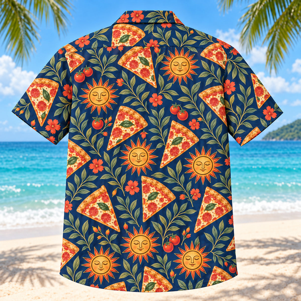Back view of Slice and Sun Home Pizza Making Hawaiian Shirt with matching artwork in navy, coral, gold