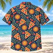 Back view of Slice and Sun Home Pizza Making Hawaiian Shirt with matching artwork in navy, coral, gold