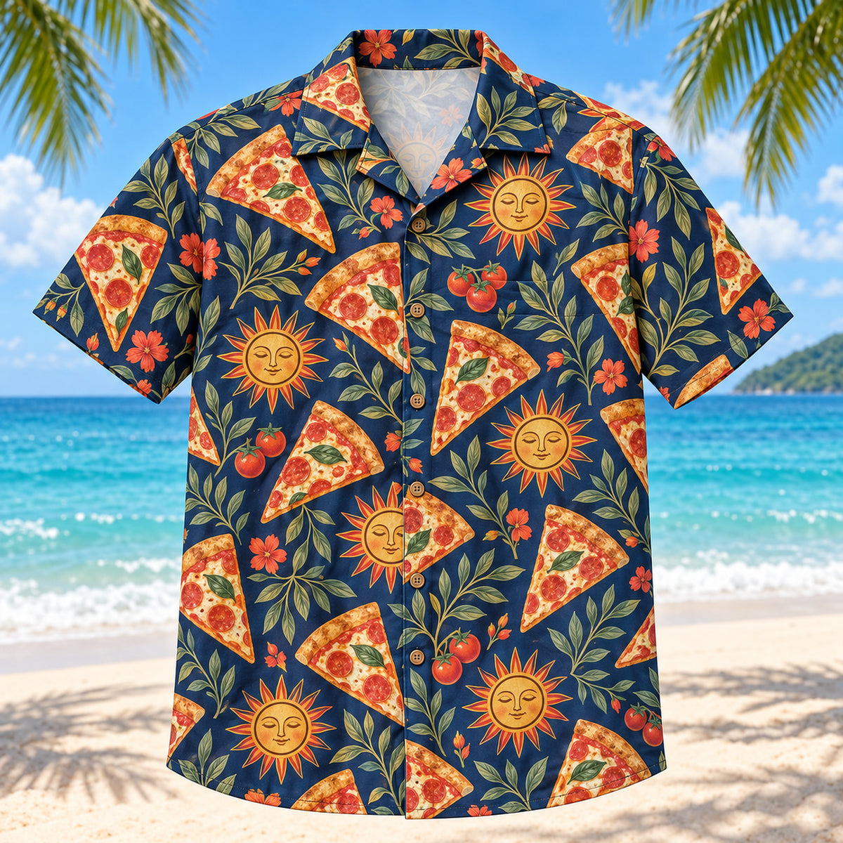 Front view of Slice and Sun Home Pizza Making Hawaiian Shirt with original, text-free illustrations of pizza slices and warm sun medallions with leafy accents