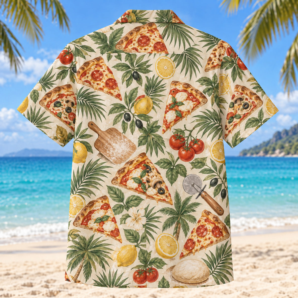 Back view of Slice Summer Home Pizza Making Hawaiian Shirt with matching artwork in sage, wheat, tomato