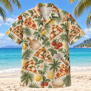 Front view of Slice Summer Home Pizza Making Hawaiian Shirt with original, text-free illustrations of recognizable pizza slices among soft palm and citrus shapes