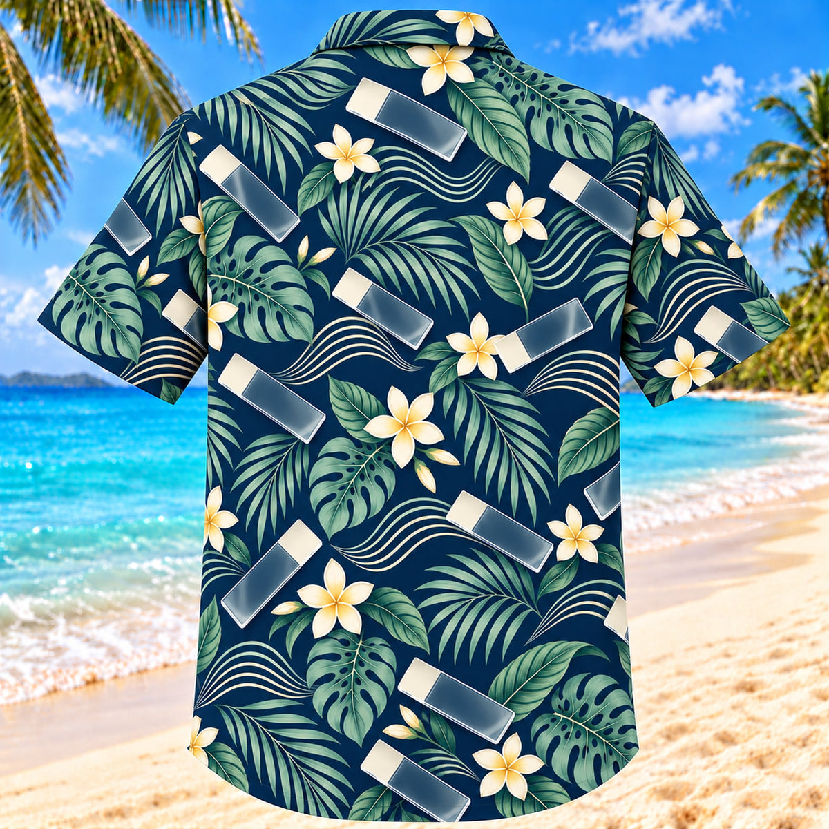 Back view of Slide Wave Navy Cream Medical Laboratory Technologist Hawaiian Shirt with matching artwork in navy, warm ivory, pale seafoam