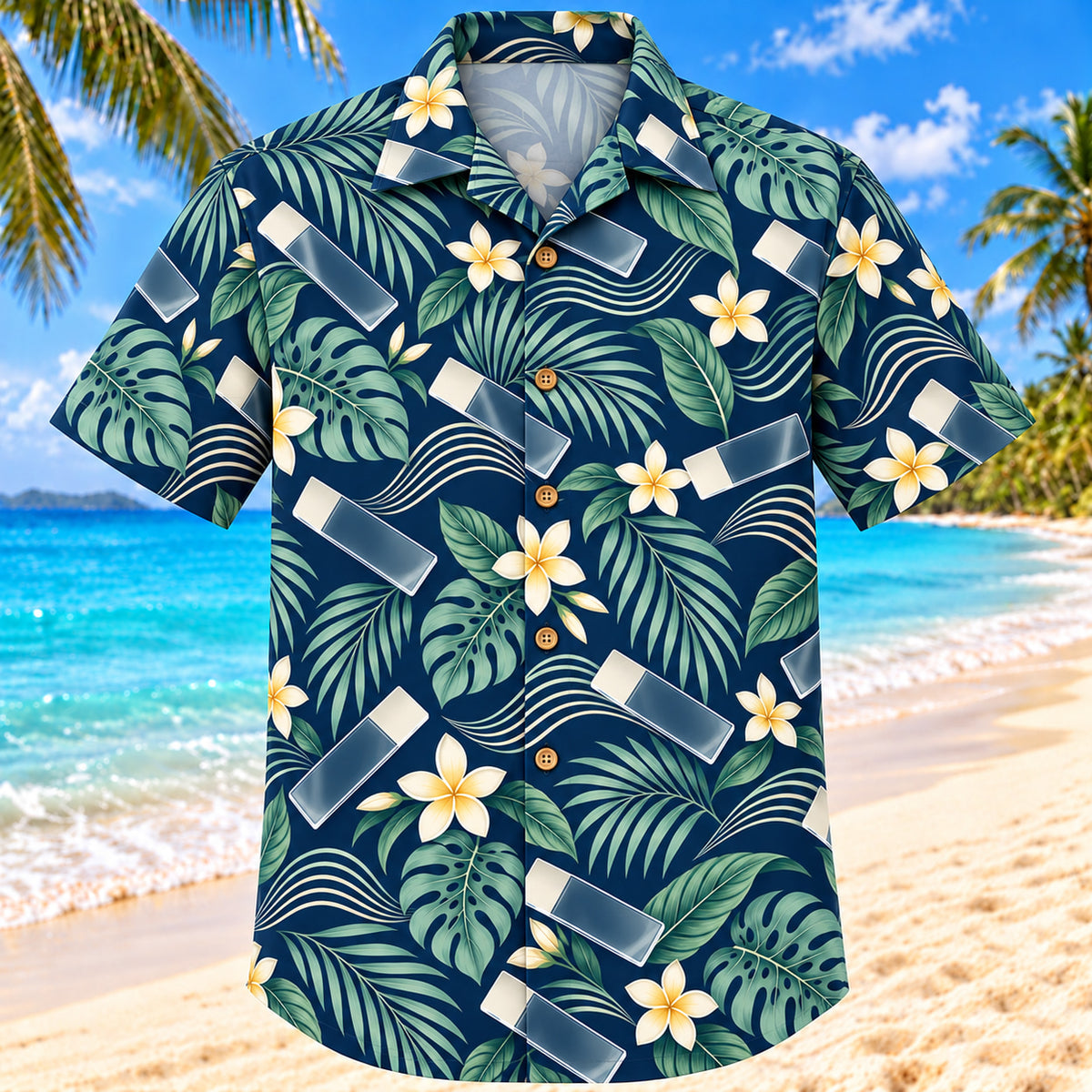 Front view of Slide Wave Navy Cream Medical Laboratory Technologist Hawaiian Shirt with original blank microscope slides, abstract wave lines and tropical foliage without clinical results