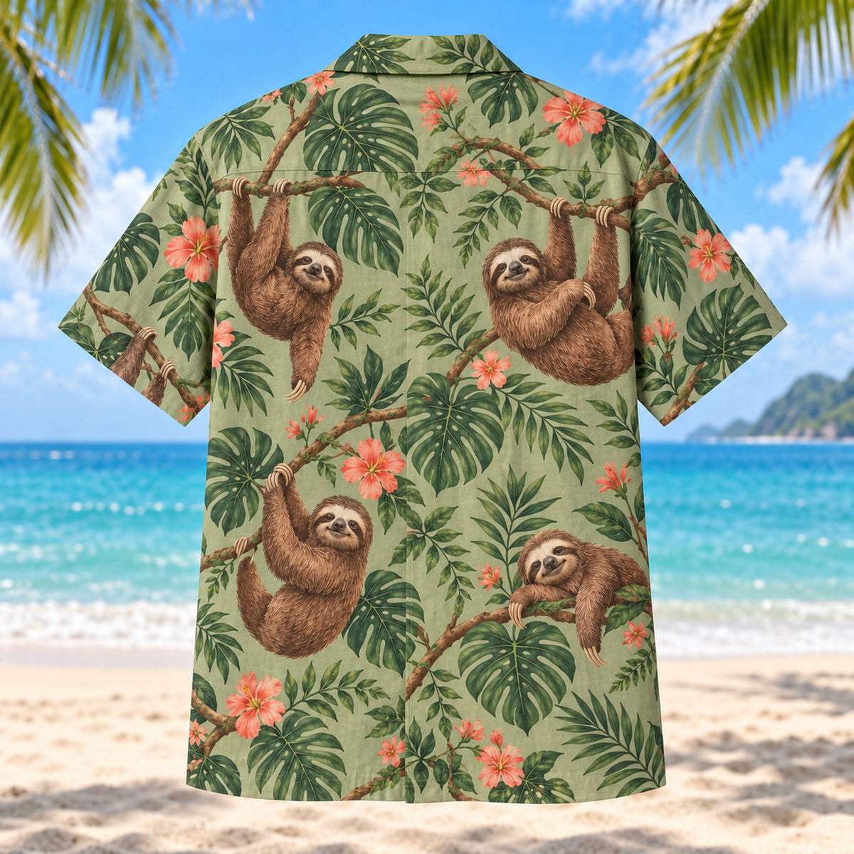 Back view of sage green sloth Hawaiian shirt with tropical foliage