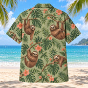Back view of sage green sloth Hawaiian shirt with tropical foliage