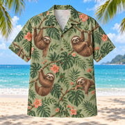 Front view of sage green sloth Hawaiian shirt with tropical foliage
