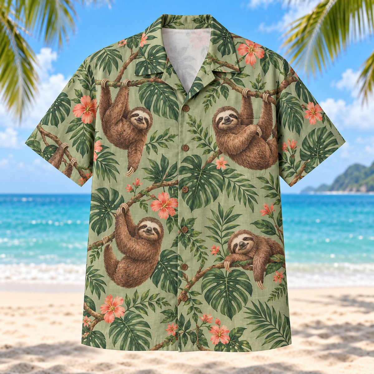 Front view of sage green sloth Hawaiian shirt with tropical foliage
