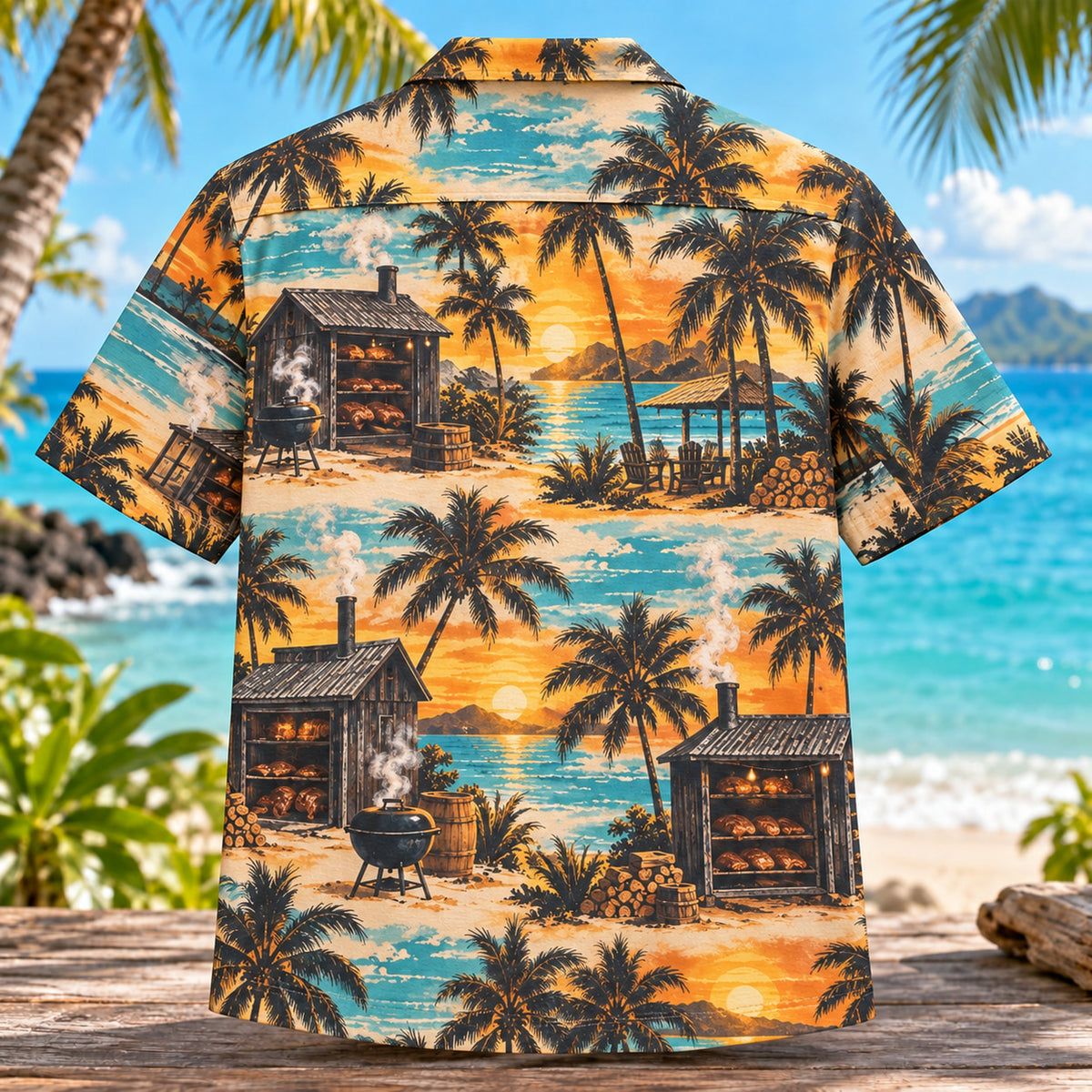 Back view of Smokehouse Sunset BBQ Hawaiian Shirt with matching artwork in amber, charcoal, aqua