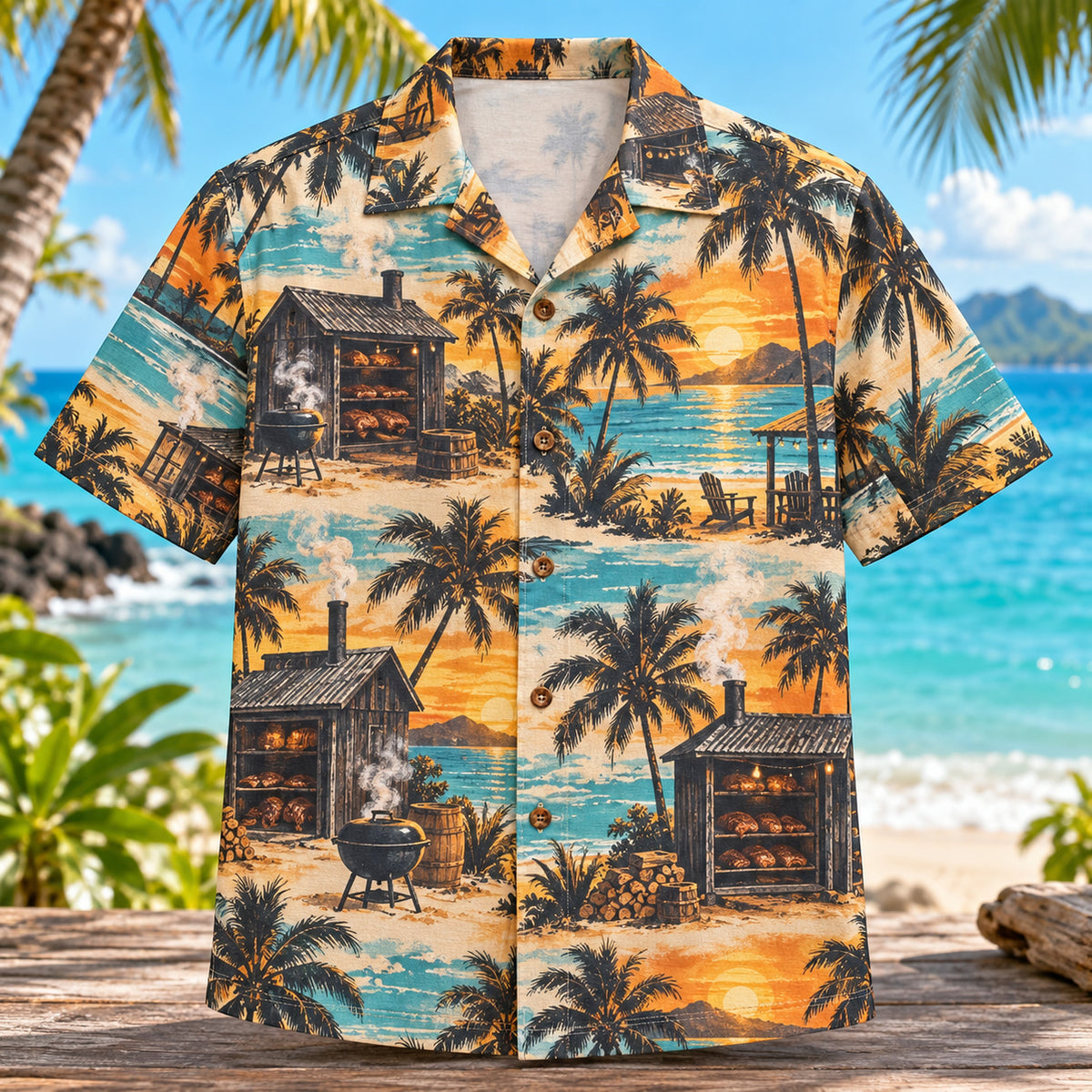 Front view of Smokehouse Sunset BBQ Hawaiian Shirt with generic smokehouses and sunset palms