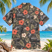 Back view of Smoker Hibiscus BBQ Hawaiian Shirt with matching artwork in charcoal, coral, cream