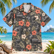 Front view of Smoker Hibiscus BBQ Hawaiian Shirt with generic unbranded barbecue smokers among hibiscus