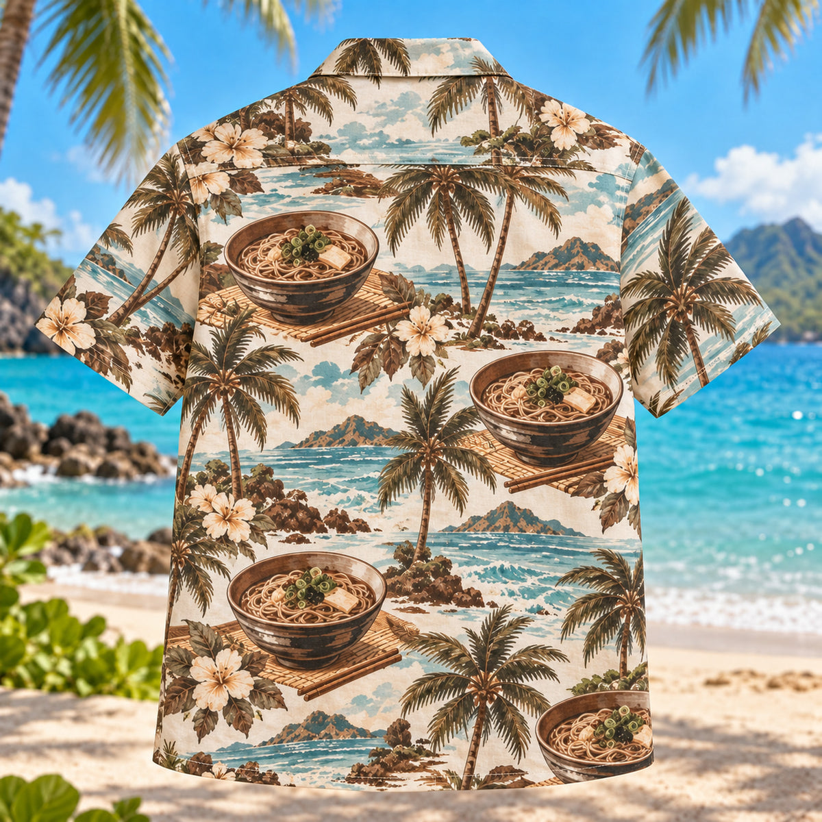 Back view of Soba Coast Japanese Food Hawaiian Shirt with matching artwork in brown, aqua, cream