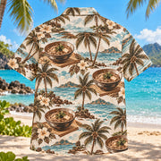 Back view of Soba Coast Japanese Food Hawaiian Shirt with matching artwork in brown, aqua, cream