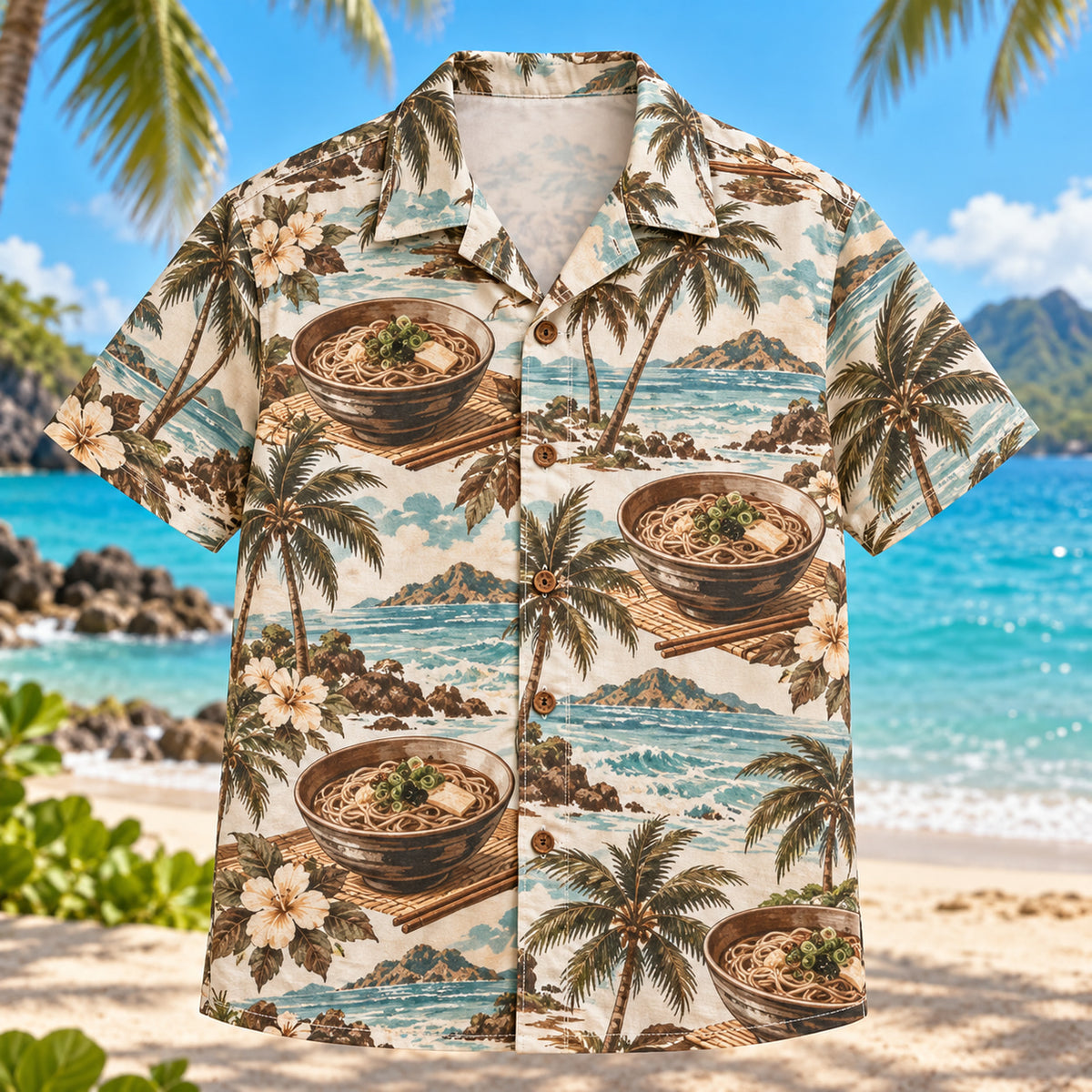 Front view of Soba Coast Japanese Food Hawaiian Shirt with generic soba noodle bowls among coastal palms