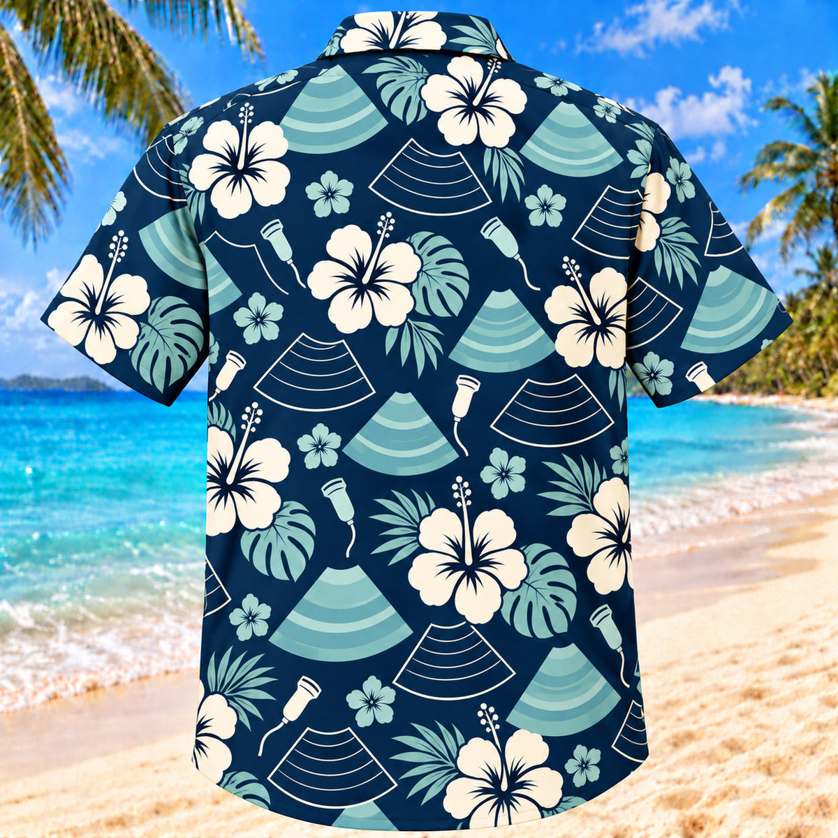 Back view of Sound Fan Navy Cream Diagnostic Medical Sonographer Hawaiian Shirt with matching artwork in navy, warm ivory, pale seafoam