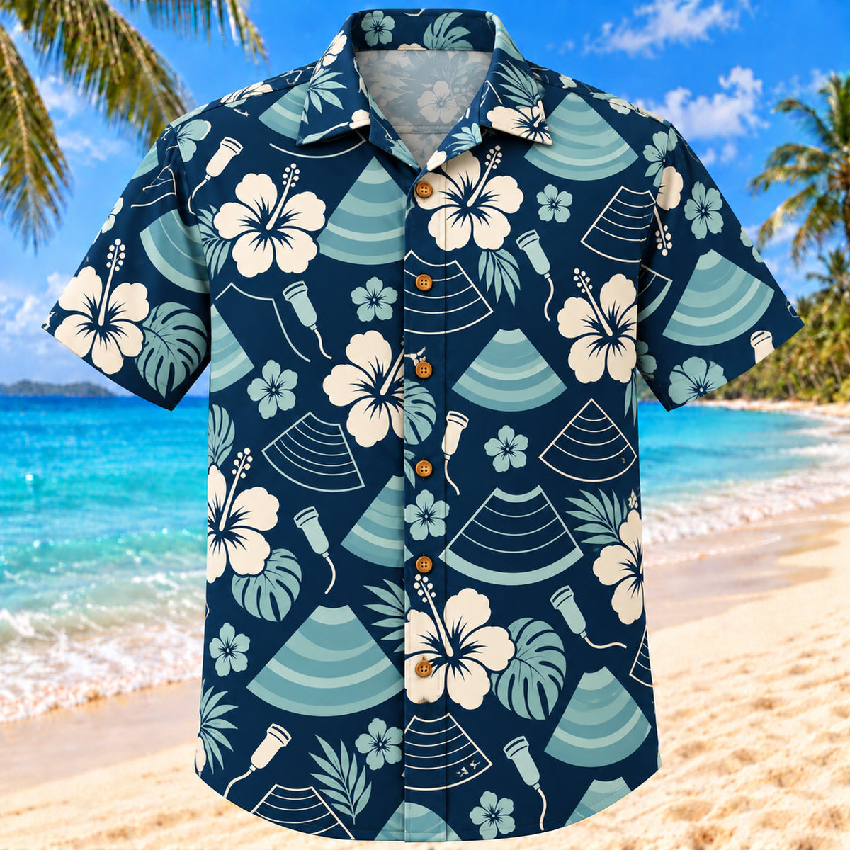 Front view of Sound Fan Navy Cream Diagnostic Medical Sonographer Hawaiian Shirt with original layered ultrasound fan shapes, tiny probe silhouettes and hibiscus in a spacious offset repeat