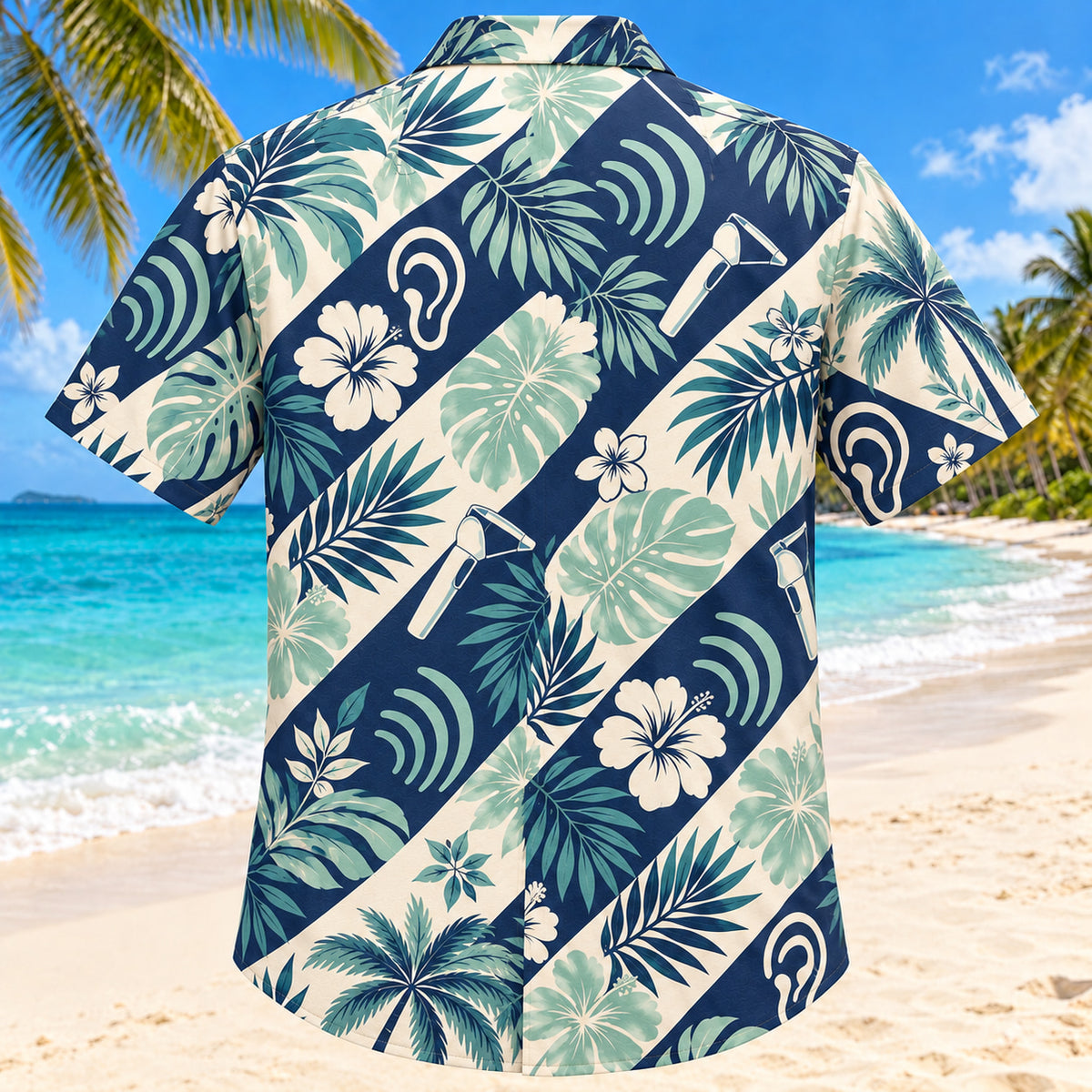 Back view of Sound Palm Navy Audiologist Hawaiian Shirt with matching artwork in navy, aqua, warm cream