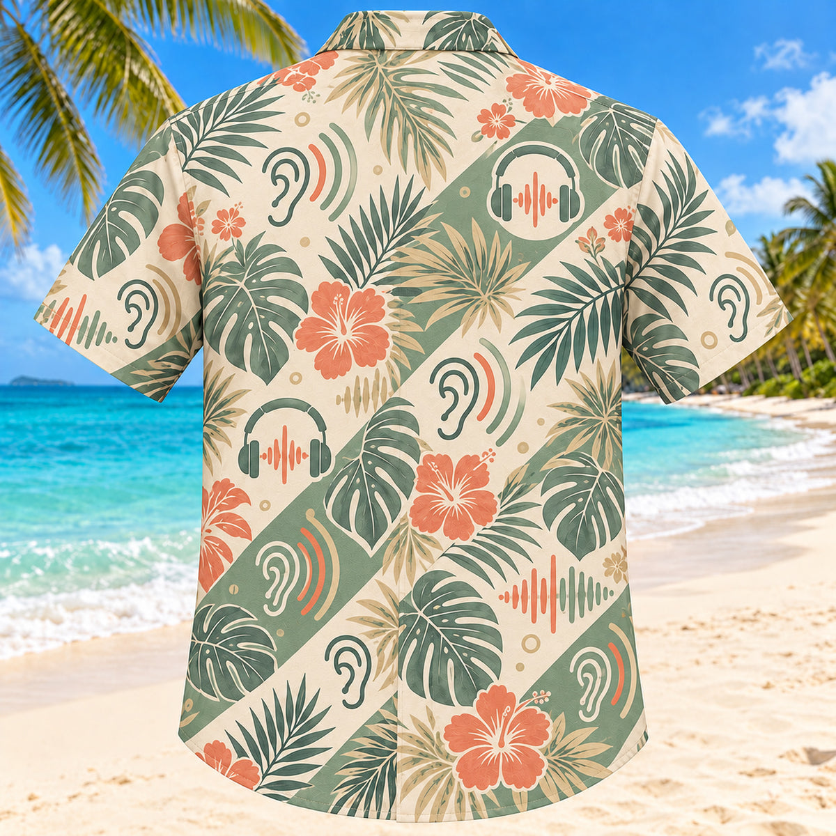 Back view of Sound Palm Sage Audiologist Hawaiian Shirt with matching artwork in sage, sand, coral