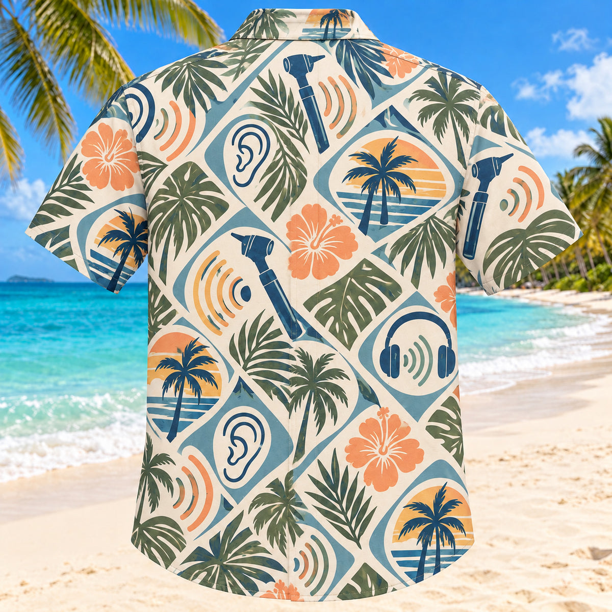 Back view of Sound Palm Sunset Audiologist Hawaiian Shirt with matching artwork in sunset peach, sea blue, olive