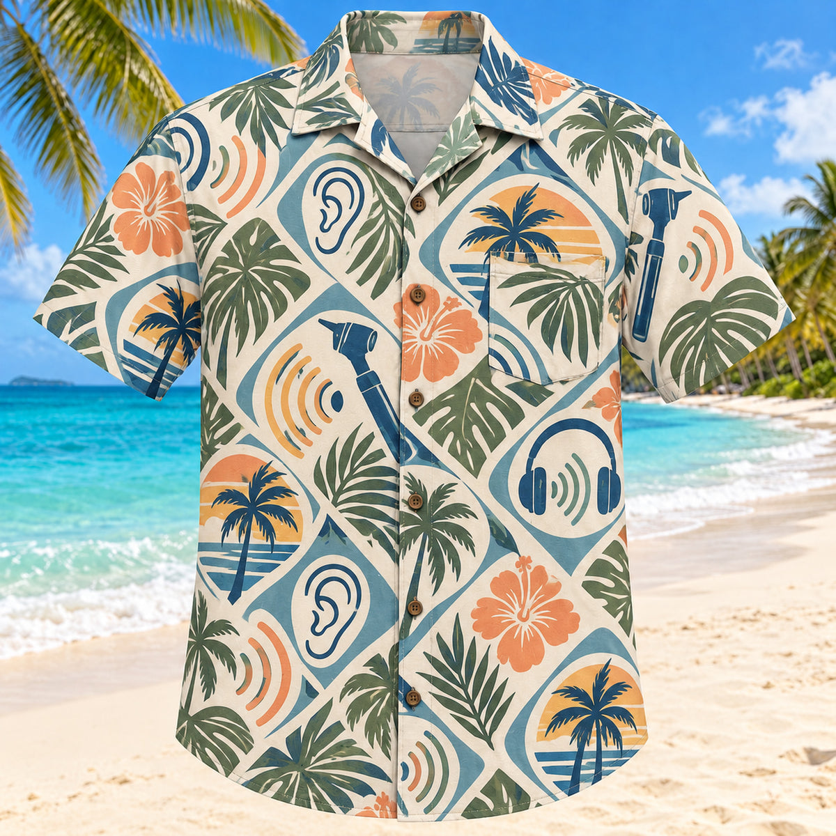 Front view of Sound Palm Sunset Audiologist Hawaiian Shirt with original abstract sound arcs and palms in a loose geometric medallions