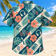Back view of Sound Palm Teal Audiologist Hawaiian Shirt with matching artwork in deep teal, ivory, coral