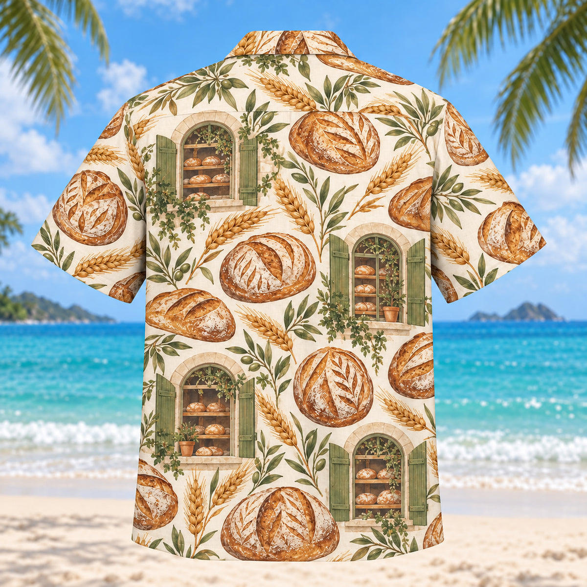 Back view of Sourdough Window Artisan Bread Baking Hawaiian Shirt with matching artwork in wheat, cream, olive
