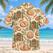 Back view of Sourdough Window Artisan Bread Baking Hawaiian Shirt with matching artwork in wheat, cream, olive