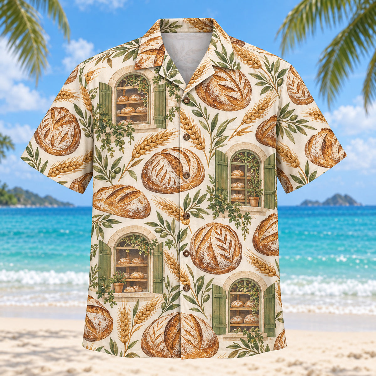 Front view of Sourdough Window Artisan Bread Baking Hawaiian Shirt with original, text-free illustrations of scored sourdough loaves, wheat stems and invented bakery windows