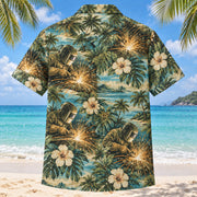 Back view of Spark Fan Welder Hawaiian Shirt with matching artwork in moss, aqua, sand