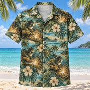Front view of Spark Fan Welder Hawaiian Shirt with original spark fan motifs, with tropical botanical accents; no text or branded equipment
