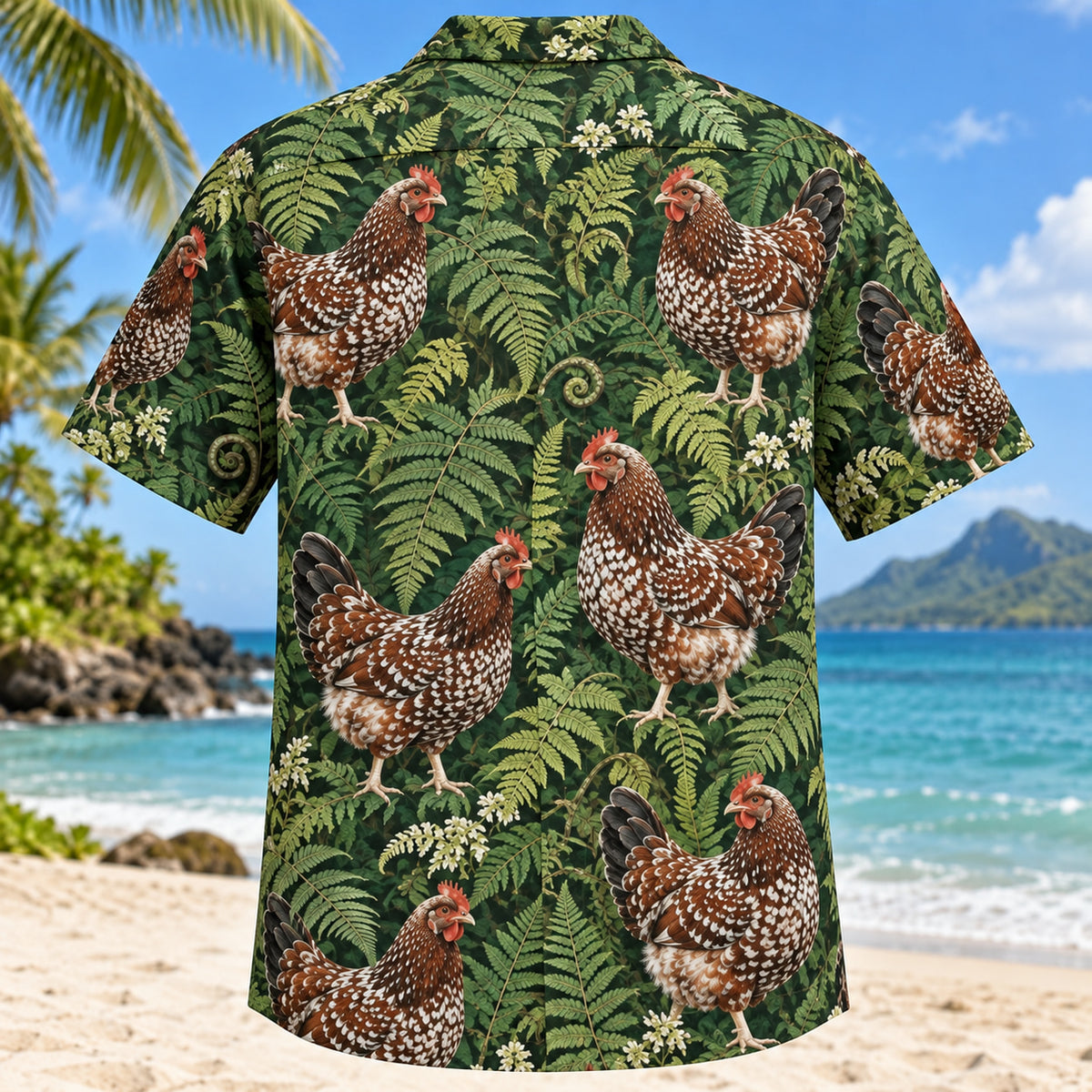 Back view of Speckled Sussex Fern Chicken Hawaiian Shirt with matching artwork in mahogany, white, green