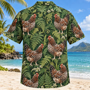 Back view of Speckled Sussex Fern Chicken Hawaiian Shirt with matching artwork in mahogany, white, green