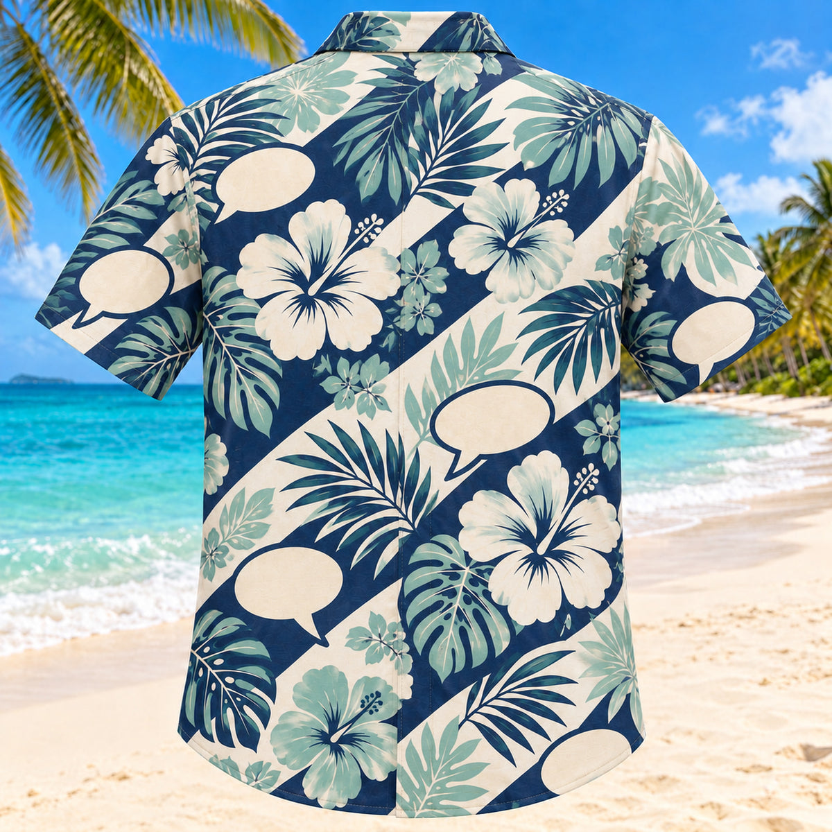 Back view of Speech Garden Navy Speech-Language Pathologist Hawaiian Shirt with matching artwork in navy, aqua, warm cream